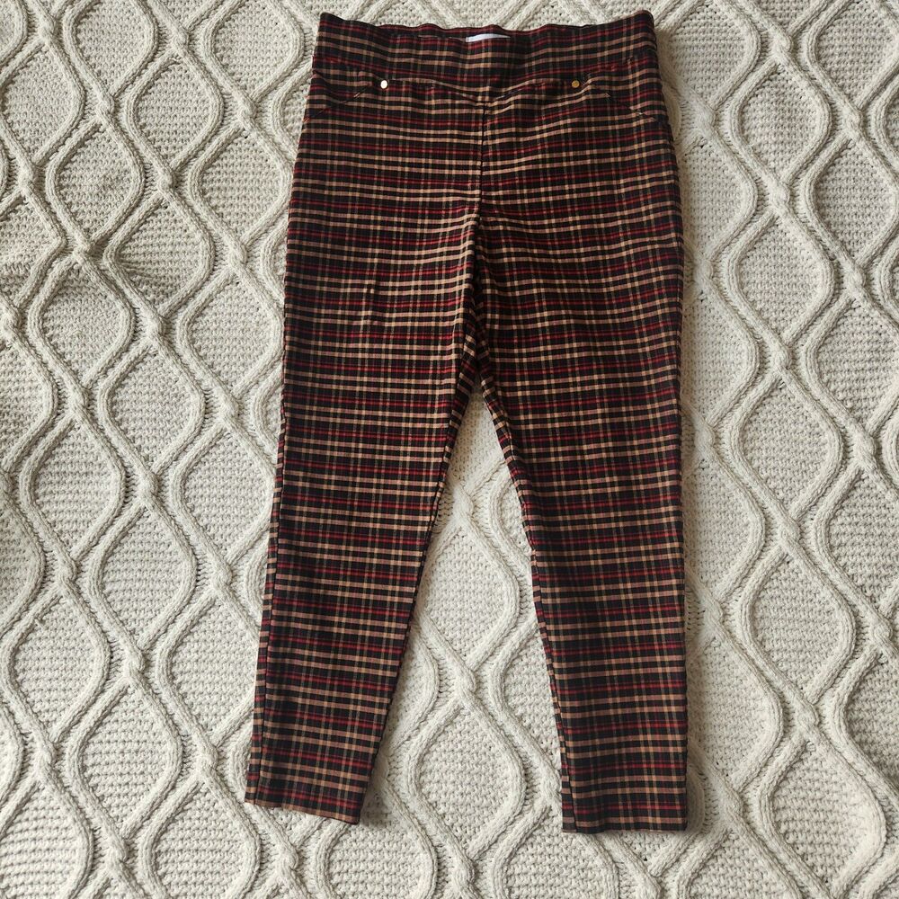 Carole Wren Plaid Red Black Tan Cropped Skinny Pants Size 12 - Picture 3 of 3
